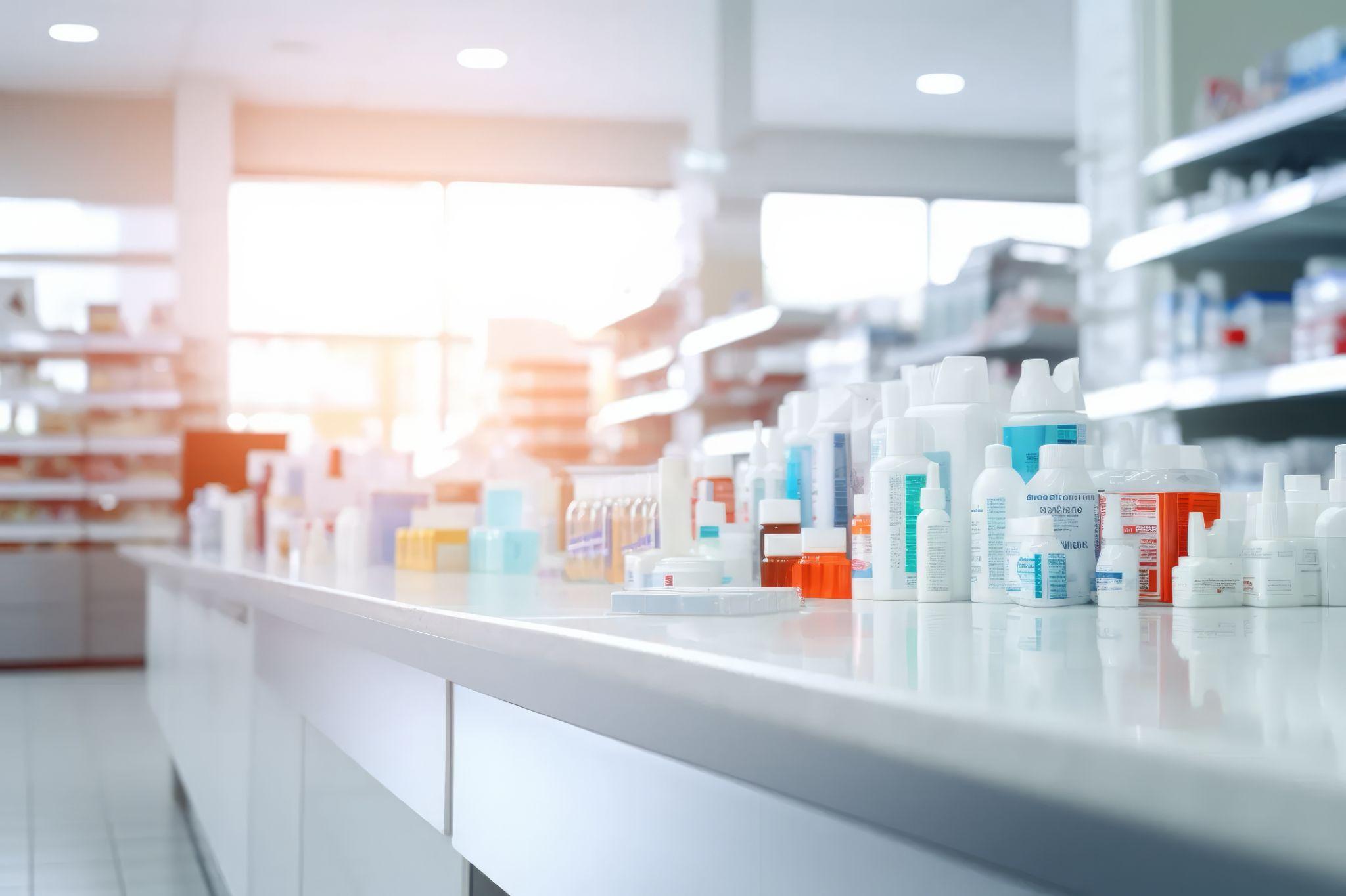 Pharmacy store blurred background without people.