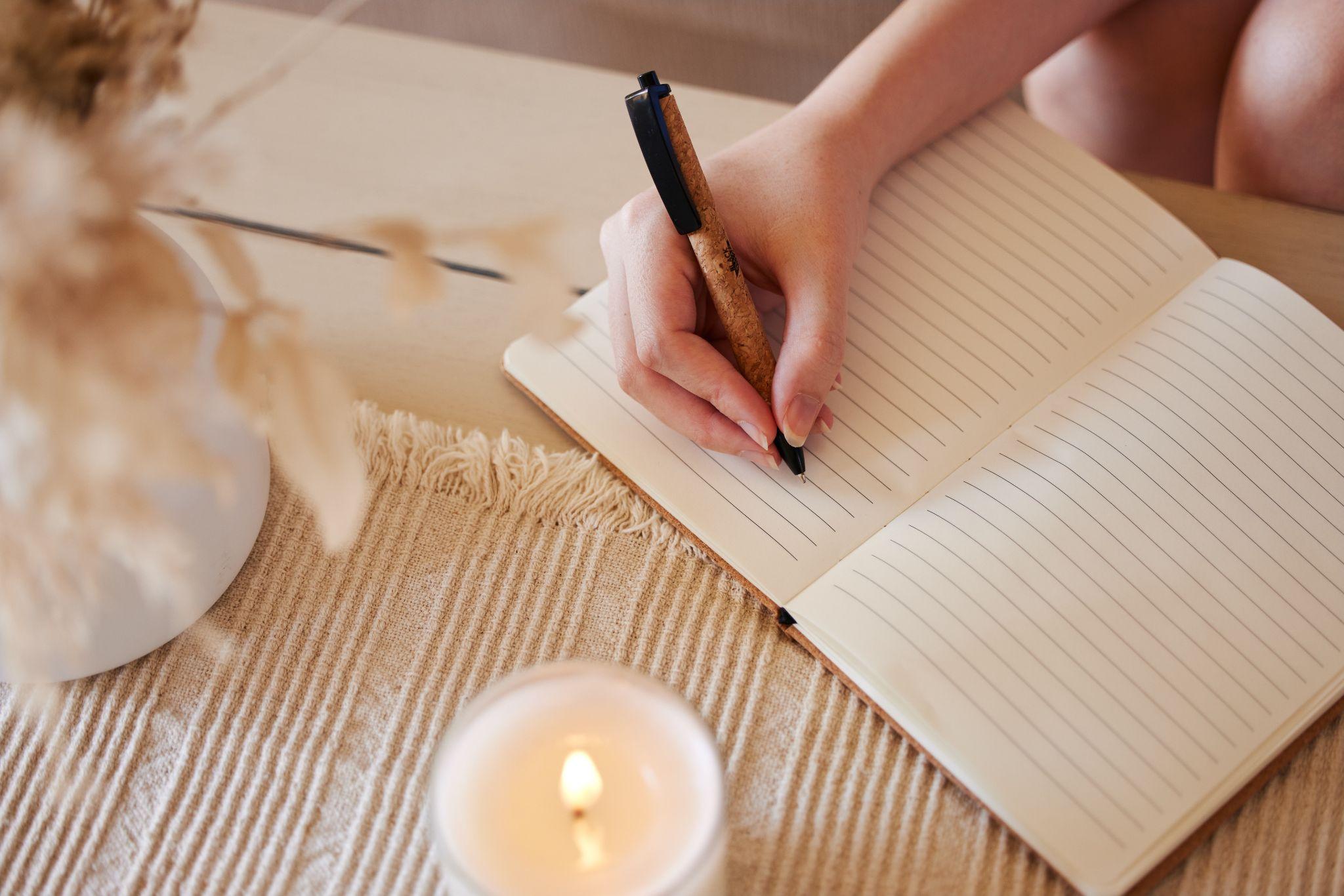 Hand, candle and woman writing in journal with top view for calm