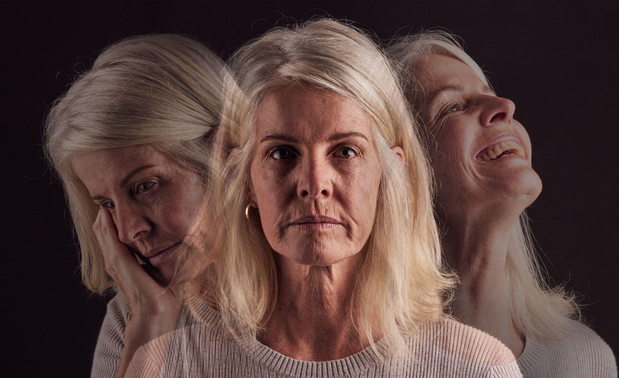 Senior woman, bipolar or mental health for depression, psychology or mood swings