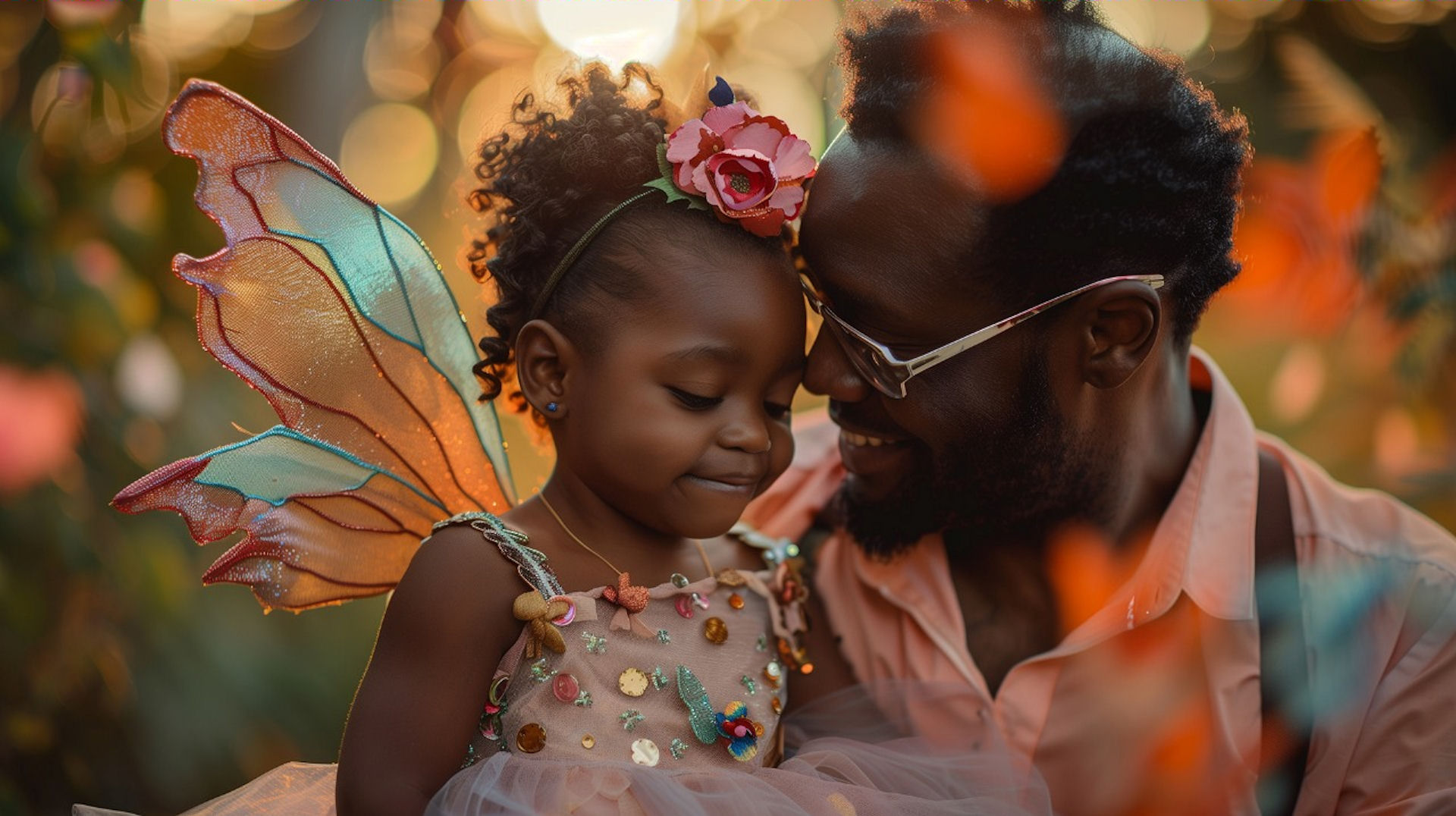 Father looks lovingly at daughter wearing fairy wings