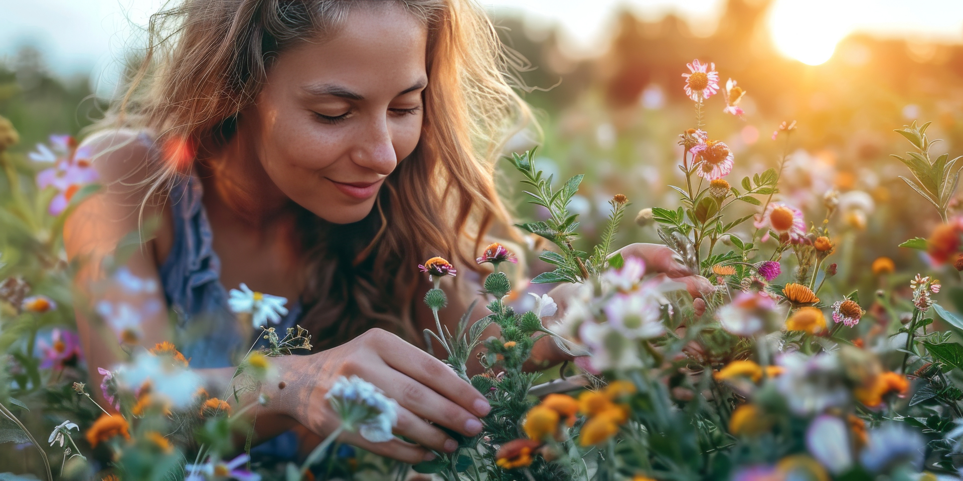 Woman leaning down to smell wildflowers in a field while the sun sets behind surrounding trees